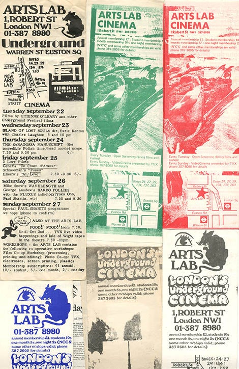 Item #40243 A group of six consecutive monthly programme leaflets and one flyer, each printing detailed schedules of film screenings at the New Arts Lab, “London’s Underground Cinema”, May 28th-December 19th (1970). The NEW ARTS LAB.
