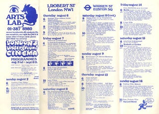 A group of six consecutive monthly programme leaflets and one flyer, each printing detailed schedules of film screenings at the New Arts Lab, “London’s Underground Cinema”, May 28th-December 19th (1970).