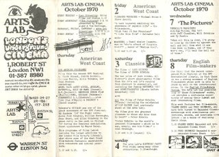 A group of six consecutive monthly programme leaflets and one flyer, each printing detailed schedules of film screenings at the New Arts Lab, “London’s Underground Cinema”, May 28th-December 19th (1970).