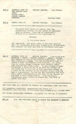 An original flyer announcing the ‘8 Day Week’, a series of benefit concerts held for the Portobello Arts Lab in Notting Hill at various locations, including the Mercury Theatre, June 19th-27th (1970).