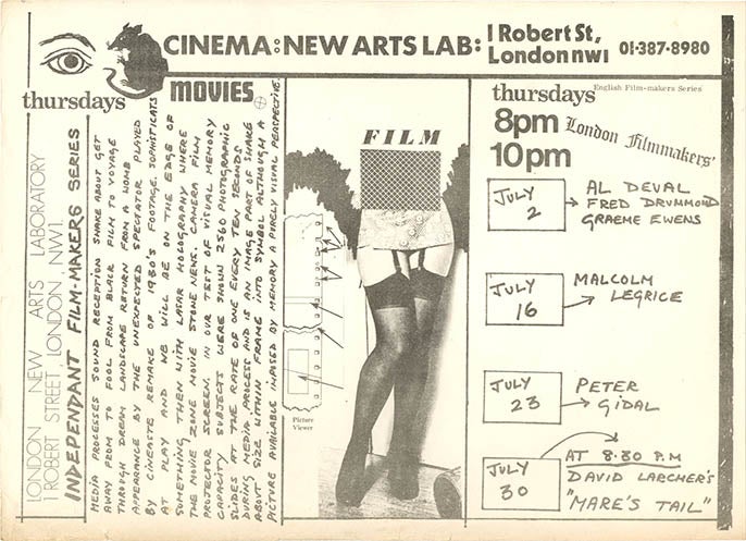 Item #40247 Flyer for ‘London Filmmakers’ series (part of the ‘English Film-makers series’), which ran for four Thursday evenings in July 1970. The NEW ARTS LAB.