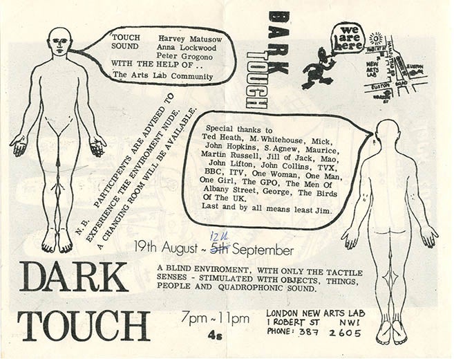 Item #40248 Flyer announcing ‘Dark Touch - A Blind Environment, With Only The Tactile Senses - Stimulated With Objects, Things, People And Quadrophonic Sound’, a participatory show by Harvey Matusow and Anna Lockwood held at the New Arts Lab, August 19th-September 12th (1970). The NEW ARTS LAB.