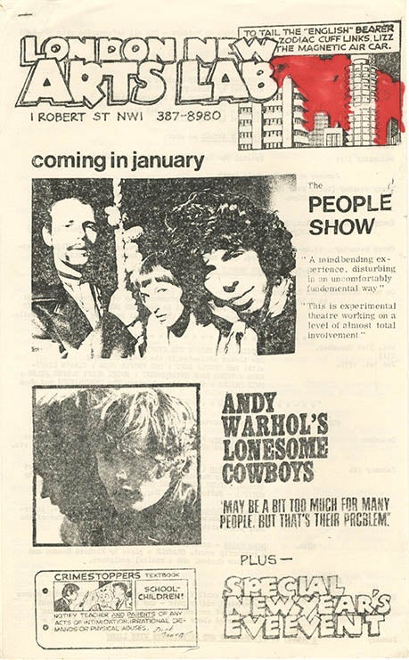 Printed schedule for December 16th, 1970-January 11th, 1971 + advertisement flyer for Andy. The NEW ARTS LAB.