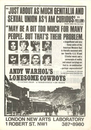 Printed schedule for December 16th, 1970-January 11th, 1971 + advertisement flyer for Andy Warhol’s ‘Lonesome Cowboys’.