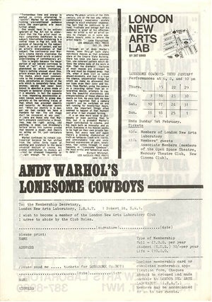 Printed schedule for December 16th, 1970-January 11th, 1971 + advertisement flyer for Andy Warhol’s ‘Lonesome Cowboys’.