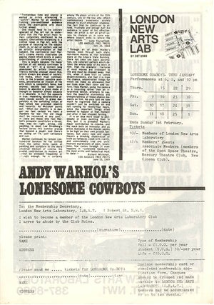 Printed schedule for December 16th, 1970-January 11th, 1971 + advertisement flyer for Andy Warhol’s ‘Lonesome Cowboys’.