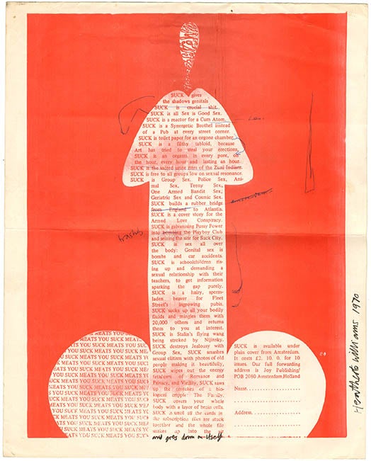 Item #40260 Suck Manifesto. Poster + original typescript of Heathcote Williams’s extravagent statement of intent for the newly-created sexpaper he co-founded in 1969 with William Levy, Jim Haynes and Germaine Greer. Heathcote WILLIAMS.