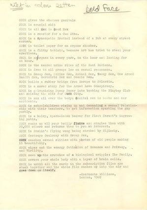 Suck Manifesto. Poster + original typescript of Heathcote Williams’s extravagent statement of intent for the newly-created sexpaper he co-founded in 1969 with William Levy, Jim Haynes and Germaine Greer.