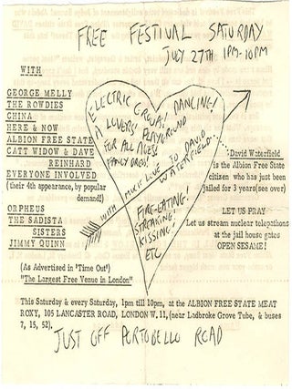 A group of documents relating to Free City, Heathcote Williams’s vision for a “New Jerusalem”, a commune of “high and happy people living in an atmosphere of spiritual, intellectual, emotional and sexual fluidity”, and the forerunner of the Republic of Frestonia.