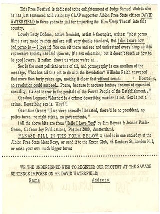 A group of documents relating to Free City, Heathcote Williams’s vision for a “New Jerusalem”, a commune of “high and happy people living in an atmosphere of spiritual, intellectual, emotional and sexual fluidity”, and the forerunner of the Republic of Frestonia.