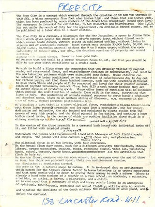 A group of documents relating to Free City, Heathcote Williams’s vision for a “New Jerusalem”, a commune of “high and happy people living in an atmosphere of spiritual, intellectual, emotional and sexual fluidity”, and the forerunner of the Republic of Frestonia.
