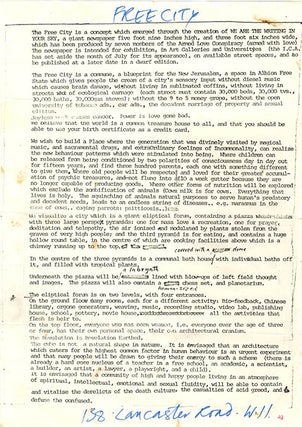 A group of documents relating to Free City, Heathcote Williams’s vision for a “New Jerusalem”, a commune of “high and happy people living in an atmosphere of spiritual, intellectual, emotional and sexual fluidity”, and the forerunner of the Republic of Frestonia.