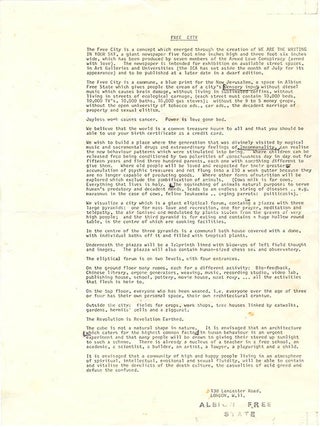 A group of documents relating to Free City, Heathcote Williams’s vision for a “New Jerusalem”, a commune of “high and happy people living in an atmosphere of spiritual, intellectual, emotional and sexual fluidity”, and the forerunner of the Republic of Frestonia.