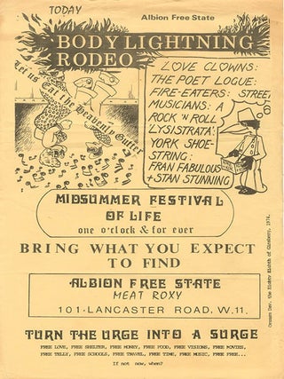 A group of four documents relating to the Meat Roxy, the former Royalty cinema and bingo hall in Notting Hill squatted by Heathcote Williams and used as a venue for free concerts and dances.