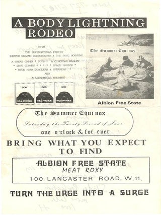A group of four documents relating to the Meat Roxy, the former Royalty cinema and bingo hall in Notting Hill squatted by Heathcote Williams and used as a venue for free concerts and dances.