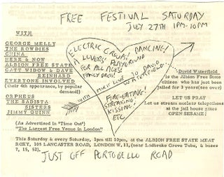 A group of four documents relating to the Meat Roxy, the former Royalty cinema and bingo hall in Notting Hill squatted by Heathcote Williams and used as a venue for free concerts and dances.