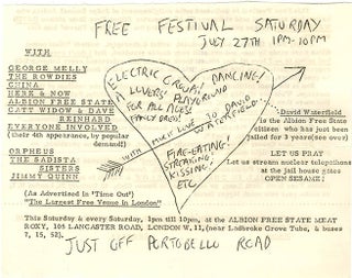 A group of four documents relating to the Meat Roxy, the former Royalty cinema and bingo hall in Notting Hill squatted by Heathcote Williams and used as a venue for free concerts and dances.
