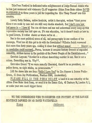A group of four documents relating to the Meat Roxy, the former Royalty cinema and bingo hall in Notting Hill squatted by Heathcote Williams and used as a venue for free concerts and dances.