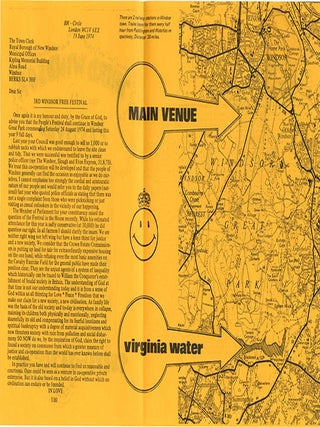 Leaflet announcing the Third Windsor Free Festival, “9 Days from 24th Aug 74”.