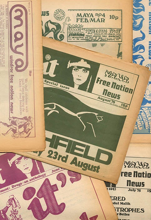 Item #40278 MAYA FREE NATION NEWS #1 & #3-7 (of seven issues published) + “The Movement of Movements”, a 6pp. foolscap mimeograph of Heathcote Williams’s uncredited lead article for the first issue, titled and annotated by him.