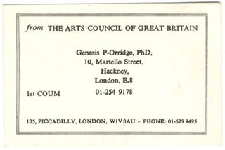 Item #40309 Genesis P-Orridge’s business card, stating “from The Arts Council of Great...