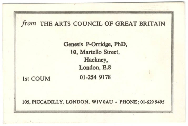 Item #40309 Genesis P-Orridge’s business card, stating “from The Arts Council of Great Britain”, c. 1973. COUM.