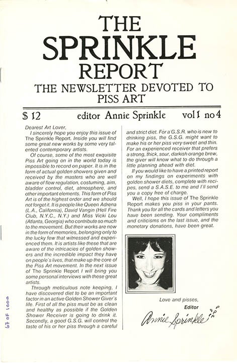 Item #40315 The Sprinkle Report - The Newsletter Devoted to Piss Art Vol. 1, #4 (NYC: ‘The Filangieri Foundation’ and the R. Mutt Press, nd. [c. 1982]). Annie SPRINKLE.