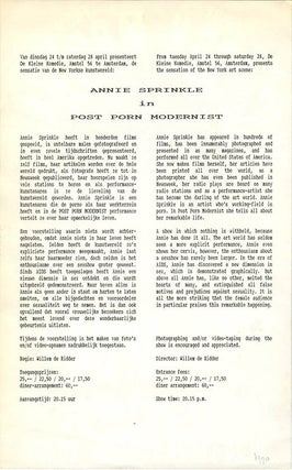 A group of items relating to “Post Porn Modernist”, a one-woman show written and performed by Annie Sprinkle, originally directed by Emilio Cubiero and later by Willem de Ridder, some of them signed or inscribed by her, c. 1989-1992.