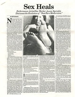 A group of items relating to “Post Porn Modernist”, a one-woman show written and performed by Annie Sprinkle, originally directed by Emilio Cubiero and later by Willem de Ridder, some of them signed or inscribed by her, c. 1989-1992.