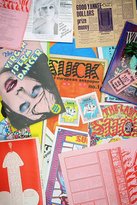 Item #40328 SUCK #1-8 + Suck Special Issue - THE VIRGIN SPERM DANCER: An Ecstatic Journey + WET DREAMS - Films & Adventures + SUCK MANIFESTO (signed and dated by Heathcote Williams) + four SUCK POSTERS and various items of SUCK EPHEMERA. SUCK COLLECTION.