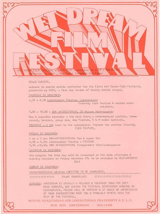 A group of printed documents from the 1st Wet Dream Film Festival, the world’s first erotic film festival, organised by the editors of Suck and held in venues across Amsterdam between 26th-29th November, 1970.