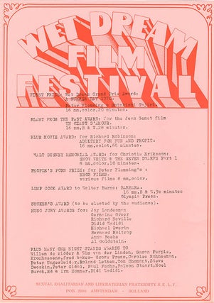 A group of printed documents from the 1st Wet Dream Film Festival, the world’s first erotic film festival, organised by the editors of Suck and held in venues across Amsterdam between 26th-29th November, 1970.