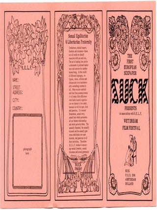 A group of printed documents from the 1st Wet Dream Film Festival, the world’s first erotic film festival, organised by the editors of Suck and held in venues across Amsterdam between 26th-29th November, 1970.