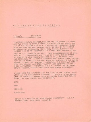 A group of printed documents from the 1st Wet Dream Film Festival, the world’s first erotic film festival, organised by the editors of Suck and held in venues across Amsterdam between 26th-29th November, 1970.