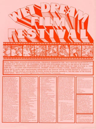 A group of printed documents from the 1st Wet Dream Film Festival, the world’s first erotic film festival, organised by the editors of Suck and held in venues across Amsterdam between 26th-29th November, 1970.