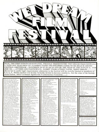 A group of printed documents from the 1st Wet Dream Film Festival, the world’s first erotic film festival, organised by the editors of Suck and held in venues across Amsterdam between 26th-29th November, 1970.