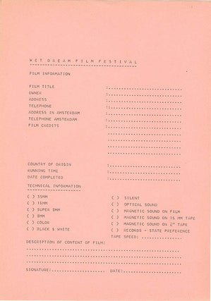 A group of printed documents from the 1st Wet Dream Film Festival, the world’s first erotic film festival, organised by the editors of Suck and held in venues across Amsterdam between 26th-29th November, 1970.