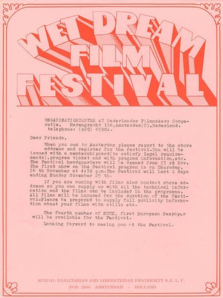A group of printed documents from the 1st Wet Dream Film Festival, the world’s first erotic film festival, organised by the editors of Suck and held in venues across Amsterdam between 26th-29th November, 1970.