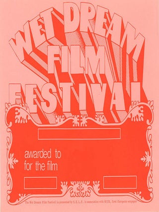 A group of printed documents and a rare brooch from the 2nd Wet Dream Film Festival, organised by the editorial board of Suck, m/c’d by Jim Haynes and held in Amsterdam between October 21st-25th, 1971.