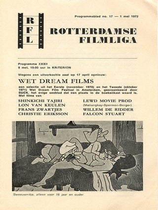 A group of printed documents and a rare brooch from the 2nd Wet Dream Film Festival, organised by the editorial board of Suck, m/c’d by Jim Haynes and held in Amsterdam between October 21st-25th, 1971.