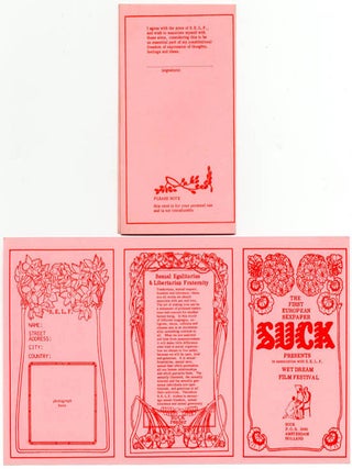 A group of printed documents and a rare brooch from the 2nd Wet Dream Film Festival, organised by the editorial board of Suck, m/c’d by Jim Haynes and held in Amsterdam between October 21st-25th, 1971.