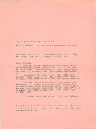 A group of printed documents and a rare brooch from the 2nd Wet Dream Film Festival, organised by the editorial board of Suck, m/c’d by Jim Haynes and held in Amsterdam between October 21st-25th, 1971.