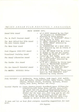 A group of printed documents and a rare brooch from the 2nd Wet Dream Film Festival, organised by the editorial board of Suck, m/c’d by Jim Haynes and held in Amsterdam between October 21st-25th, 1971.