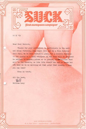 Item #40334 A TLS on Suck stationery from William Levy to Neil Hornick, dated October 11th, 1972...