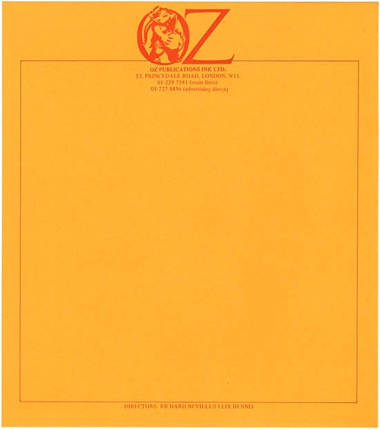 Item #40368 A sheet of Oz Publications letterhead stationery featuring the Jon Goodchild-designed pregnant elephant logo, printed in red on orange stock, c. late 1970. OZ STATIONERY.