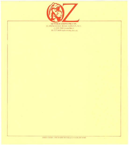 Item #40369 A sheet of Oz Publications letterhead stationery featuring the Jon Goodchild-designed pregnant elephant logo, printed in red on pale yellow stock, c. late 1970. OZ STATIONERY.