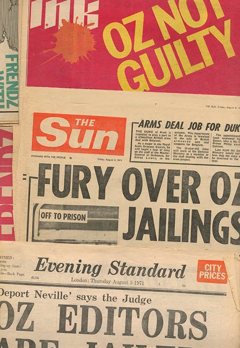 Item #40380 A bundle of twenty contemporary cuttings from the broadsheet and tabloid press featuring coverage of, and reaction to, the Oz trial, together with three underground papers, Frendz #5 (July 8th, 1971), Ink #15 (August 7th, 1971), and Frendz #8 (August 19th, 1971), all with front cover features devoted to the trial. OZ TRIAL PRESS COVERAGE.