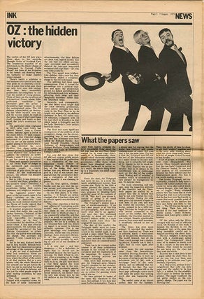 A bundle of twenty contemporary cuttings from the broadsheet and tabloid press featuring coverage of, and reaction to, the Oz trial, together with three underground papers, Frendz #5 (July 8th, 1971), Ink #15 (August 7th, 1971), and Frendz #8 (August 19th, 1971), all with front cover features devoted to the trial.