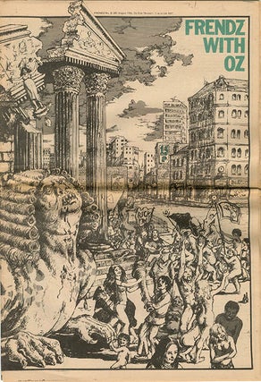 A bundle of twenty contemporary cuttings from the broadsheet and tabloid press featuring coverage of, and reaction to, the Oz trial, together with three underground papers, Frendz #5 (July 8th, 1971), Ink #15 (August 7th, 1971), and Frendz #8 (August 19th, 1971), all with front cover features devoted to the trial.