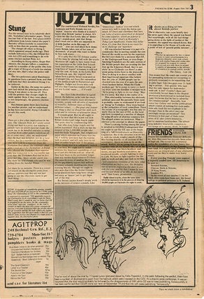A bundle of twenty contemporary cuttings from the broadsheet and tabloid press featuring coverage of, and reaction to, the Oz trial, together with three underground papers, Frendz #5 (July 8th, 1971), Ink #15 (August 7th, 1971), and Frendz #8 (August 19th, 1971), all with front cover features devoted to the trial.